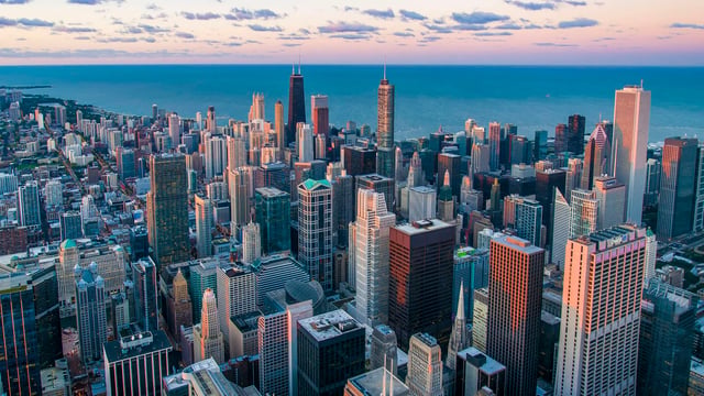 City skyline at sunset