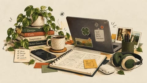 Illustrated coffee, headphones, sketchbook and flower
